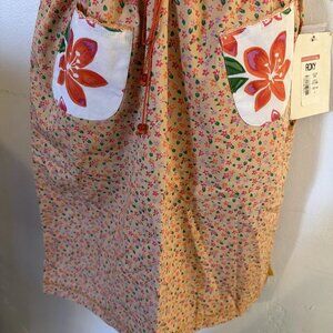 Vintage 90s Roxy Blue Floral Cotton Linen Drawstring Beach Skirt Size S 36" NWT